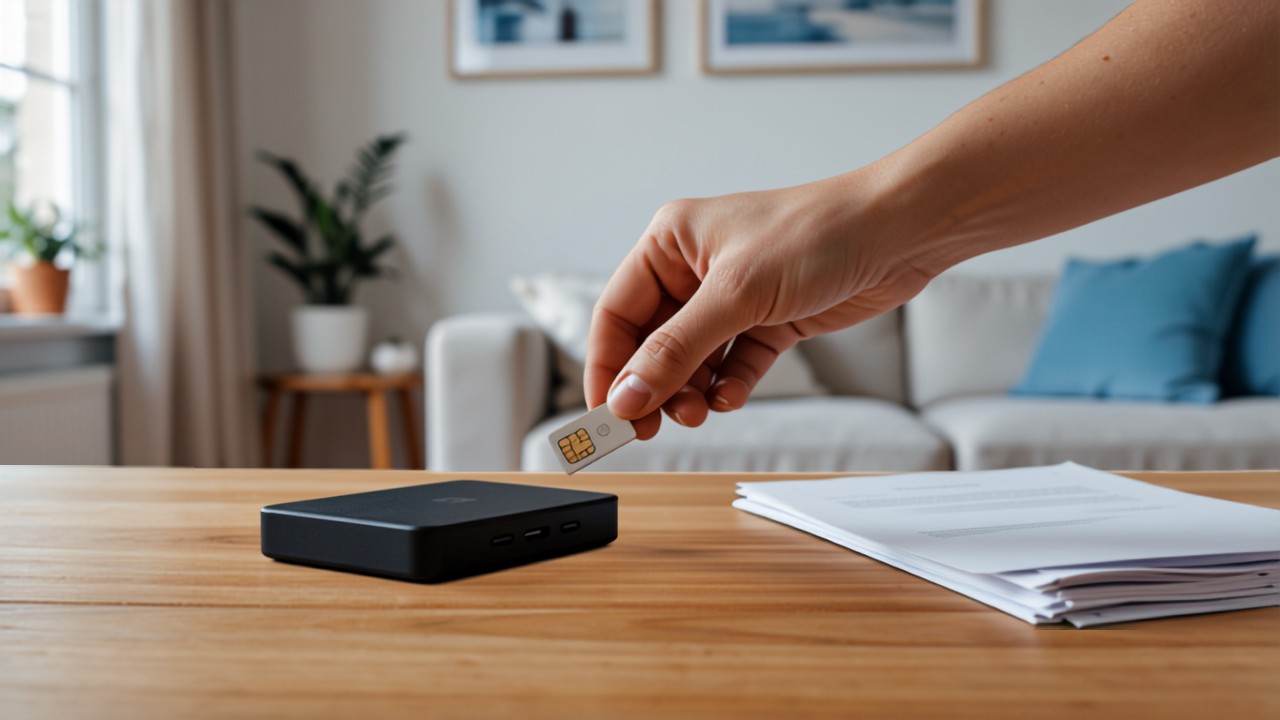 Insertion d'une carte SIM dans une box internet 5G Oneli posée sur une table, à côté de documents administratifs