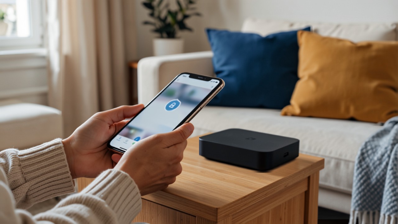 Femme consultant l'application de son alarme connectée sur smartphone à côté d'une box 5G Oneli dans son salon
