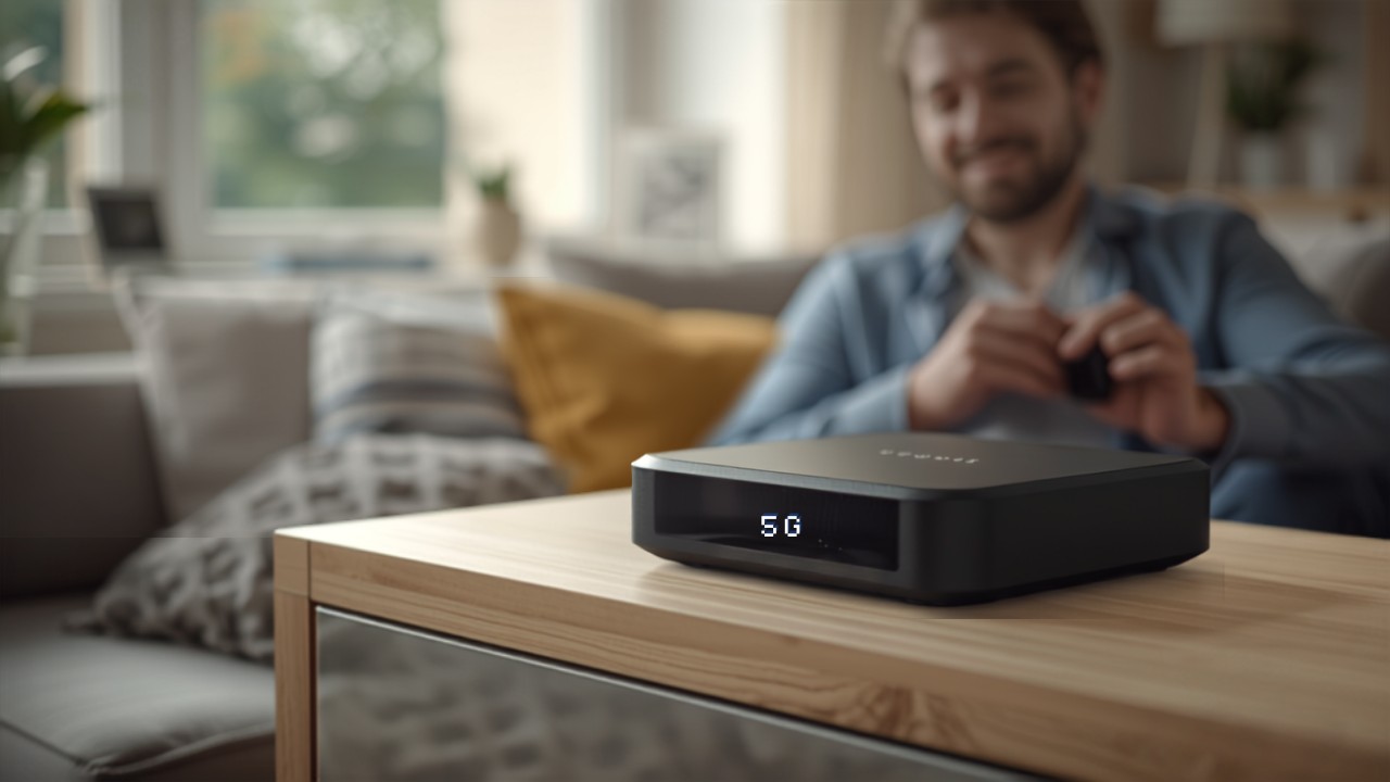 Box 5G noire branchée dans un salon pour garder internet avant de résilier son ancienne box
