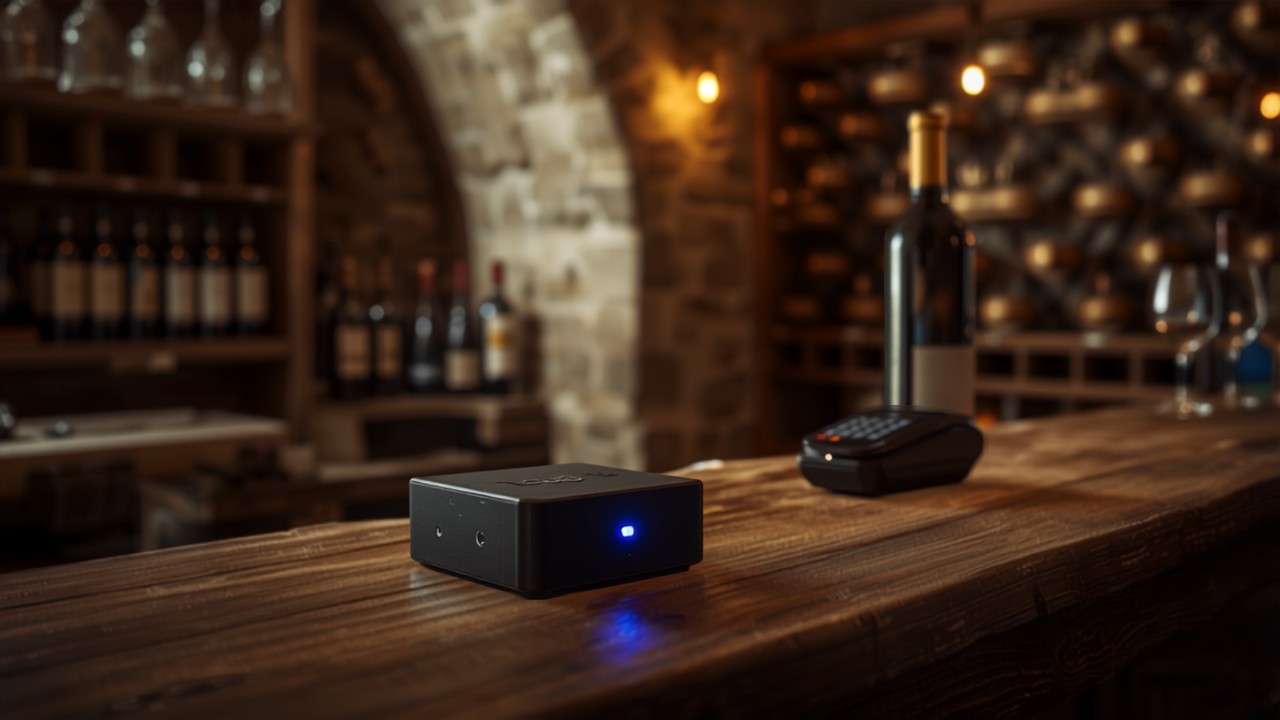 Box internet 5G Oneli et terminal de paiement par carte sur le comptoir en bois d'un caveau de dégustation de domaine viticole