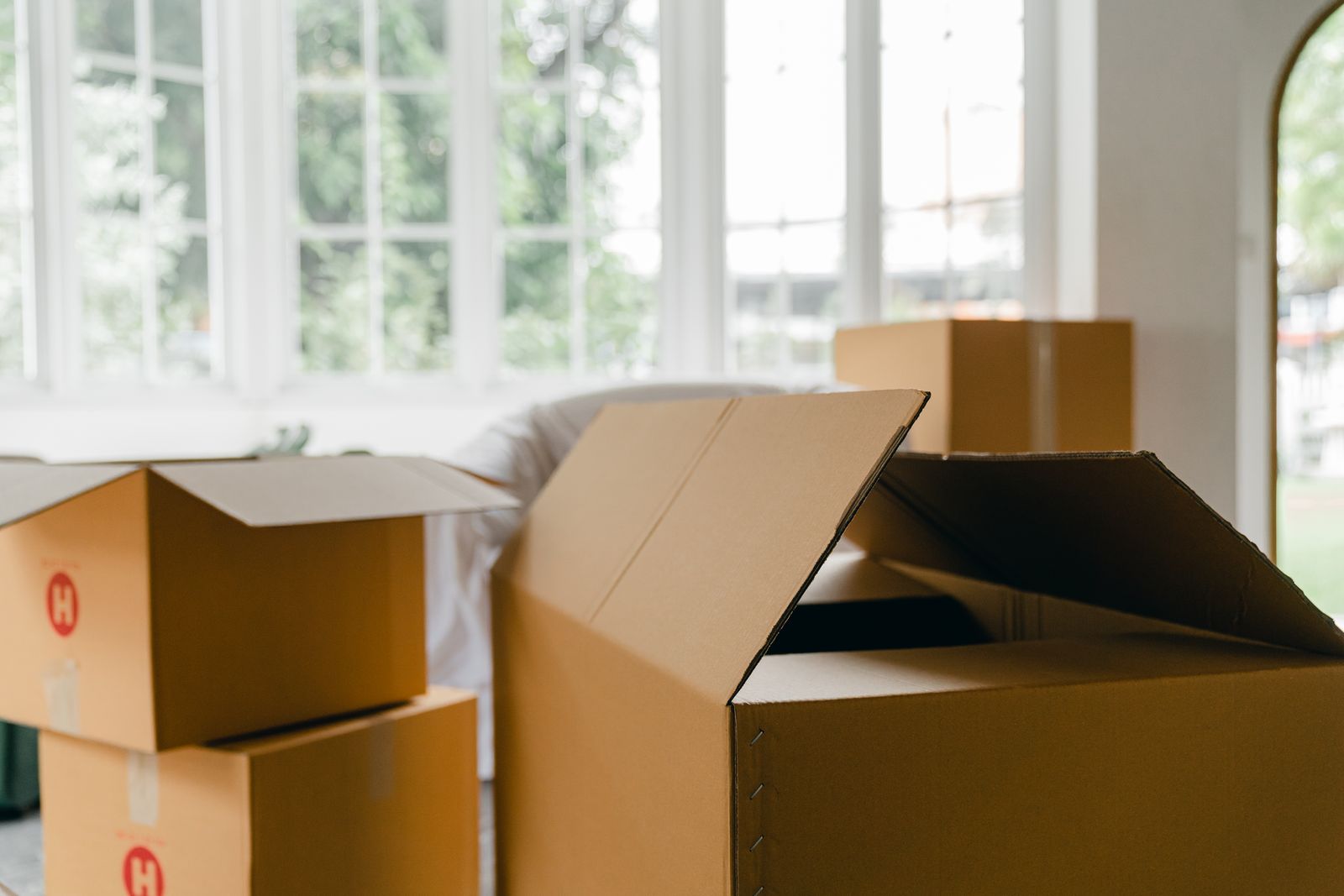 Cartons de déménagement dans un logement lumineux au moment d'une mutation professionnelle
